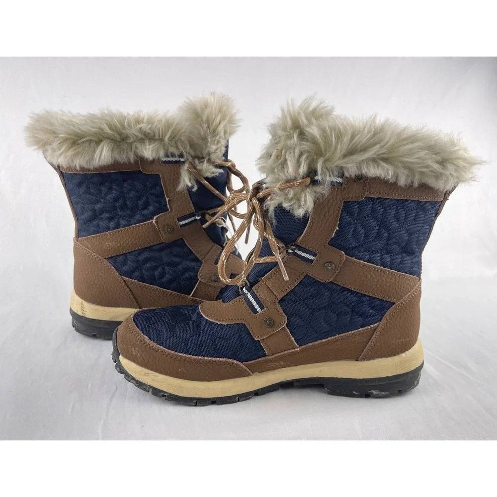 Bearpaw Isabella Women Size 8 Navy Brown Faux Fur Trim Waterproof Winter Boots